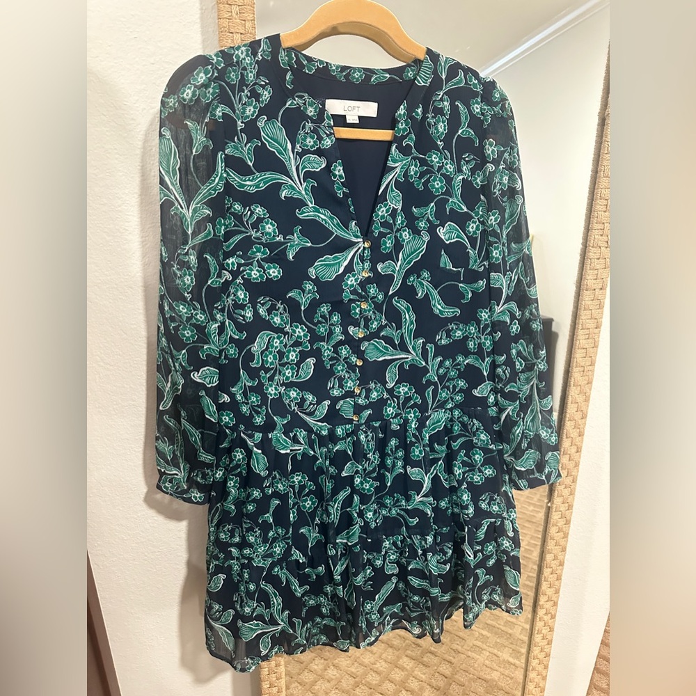 LOFT Navy Floral Long Sleeve Tiered Dress - Size XS